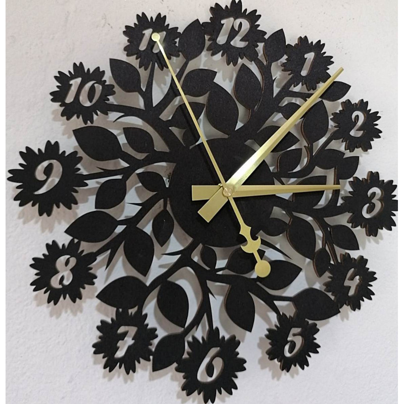 Sentop - ceas de perete din placaj din lemn flori PR0343, de asemenea, negru