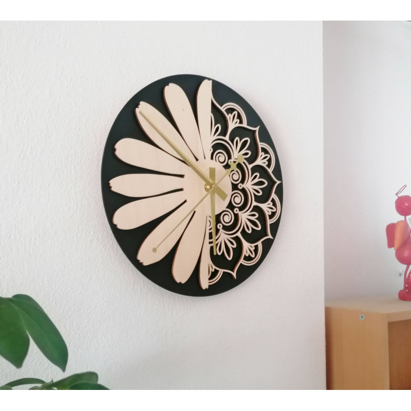 Sentop - Ceas de perete din lemn model floare de viață: MDF placaj negru / plop