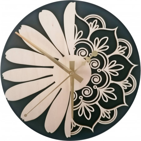 Ceas de perete din lemn model floare a vieții: MDF negru/ placaj plop PR0374