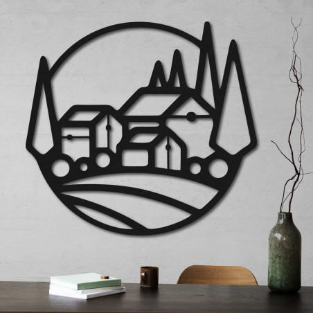 Tablou din lemn pe peretele caselor