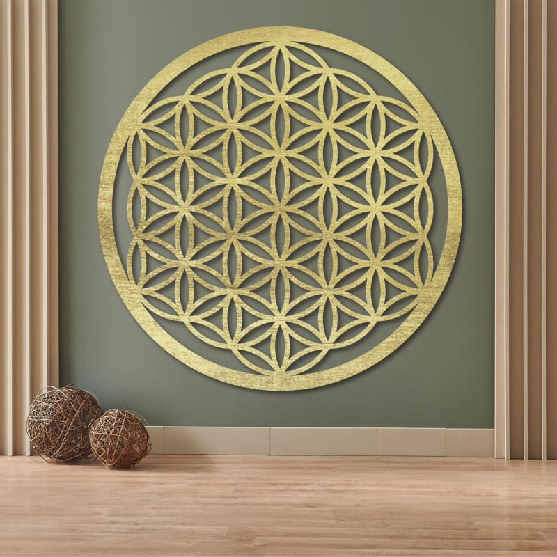 Decorațiune murală din lemn Floarea Vieții, mandală cu geometrie sacră.