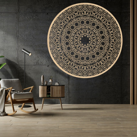 Pictură luxoasă cu mandală din lemn pe perete pentru un interior modern