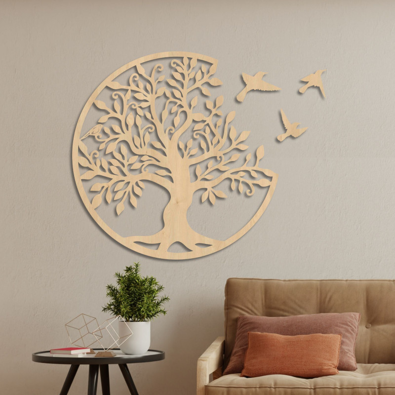 Pomul vieții cu păsări zburătoare, decor din lemn - Viață