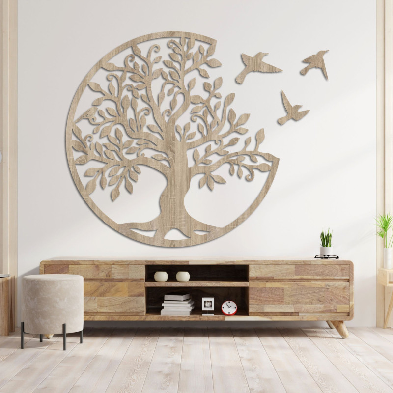 Pomul vieții cu păsări zburătoare, decor din lemn - Viață
