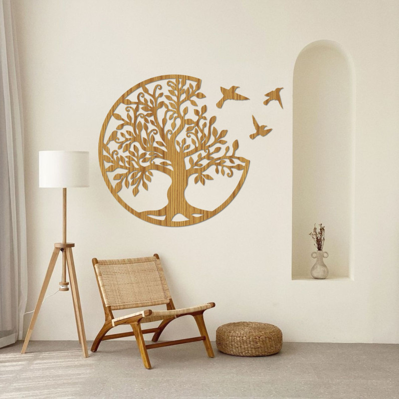 Pomul vieții cu păsări zburătoare, decor din lemn - Viață
