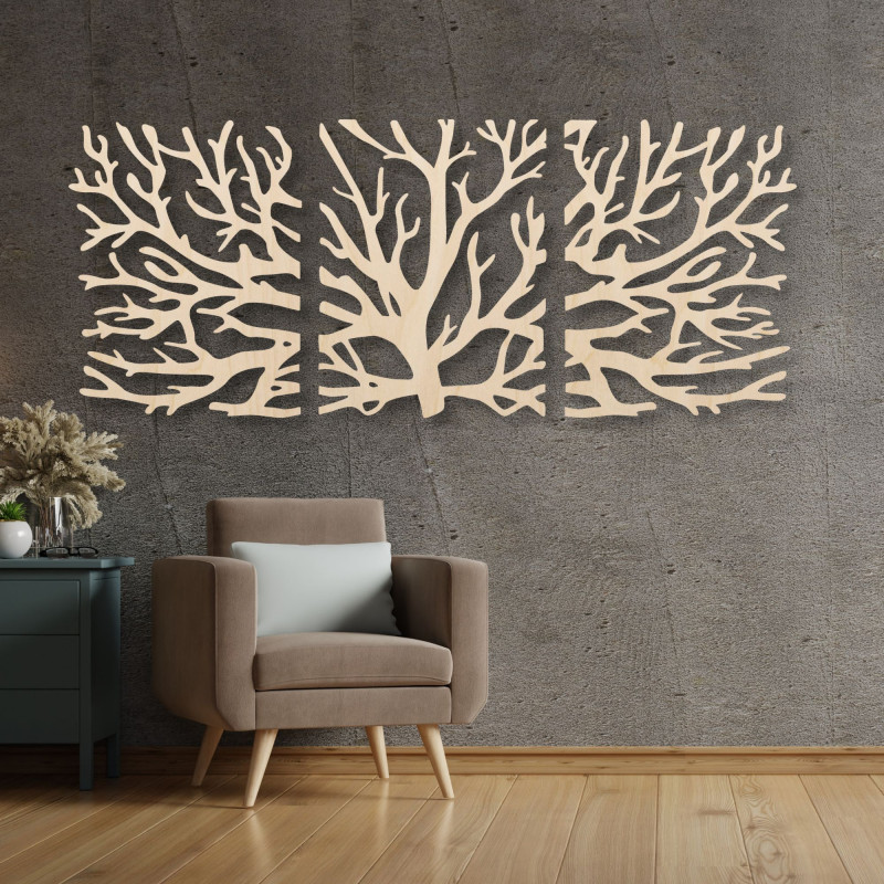 Pictură pe lemn din trei piese - Copac maiestuos cu ramuri, triptic de pădure, decor natural de perete
