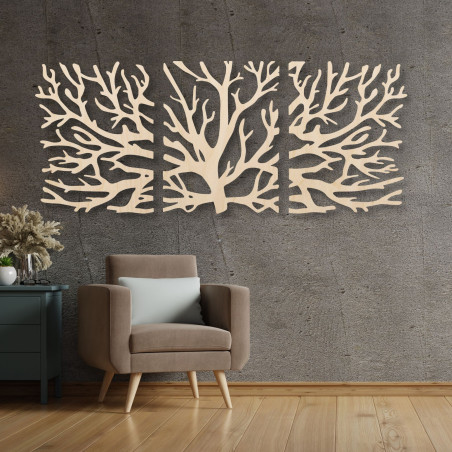 Pictură pe lemn din trei piese - Copac maiestuos cu ramuri, triptic de pădure, decor natural de perete