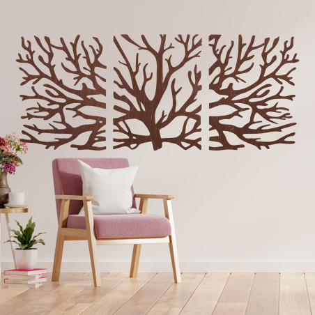 Pictură pe lemn din trei piese - Copac maiestuos cu ramuri, triptic de pădure, decor natural de perete