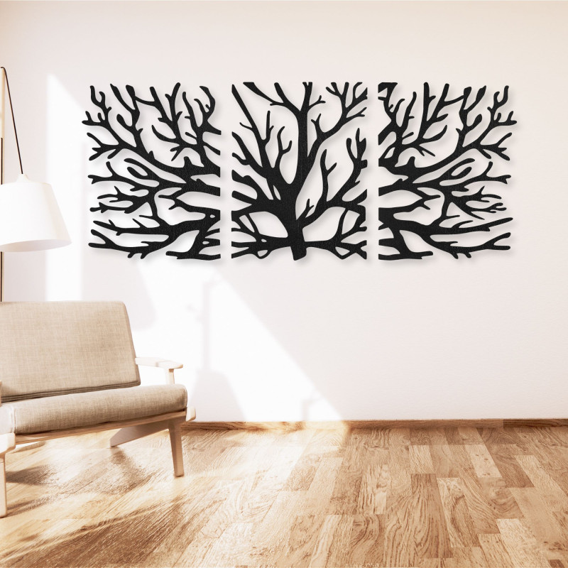 Pictură pe lemn din trei piese - Copac maiestuos cu ramuri, triptic de pădure, decor natural de perete