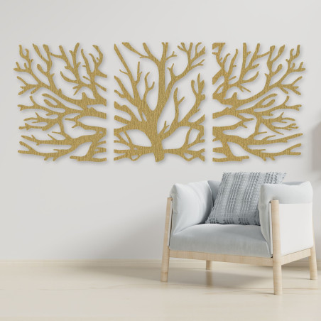 Pictură pe lemn din trei piese - Copac maiestuos cu ramuri, triptic de pădure, decor natural de perete