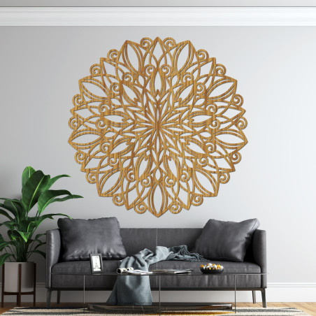 Mandala din lemn sculptată cu laser pentru perete, în decor Gold Oak