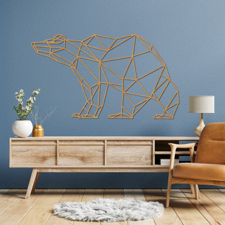 Decorațiune murală modernă din lemn cu un ursuleț geometric în decor natural de stejar.