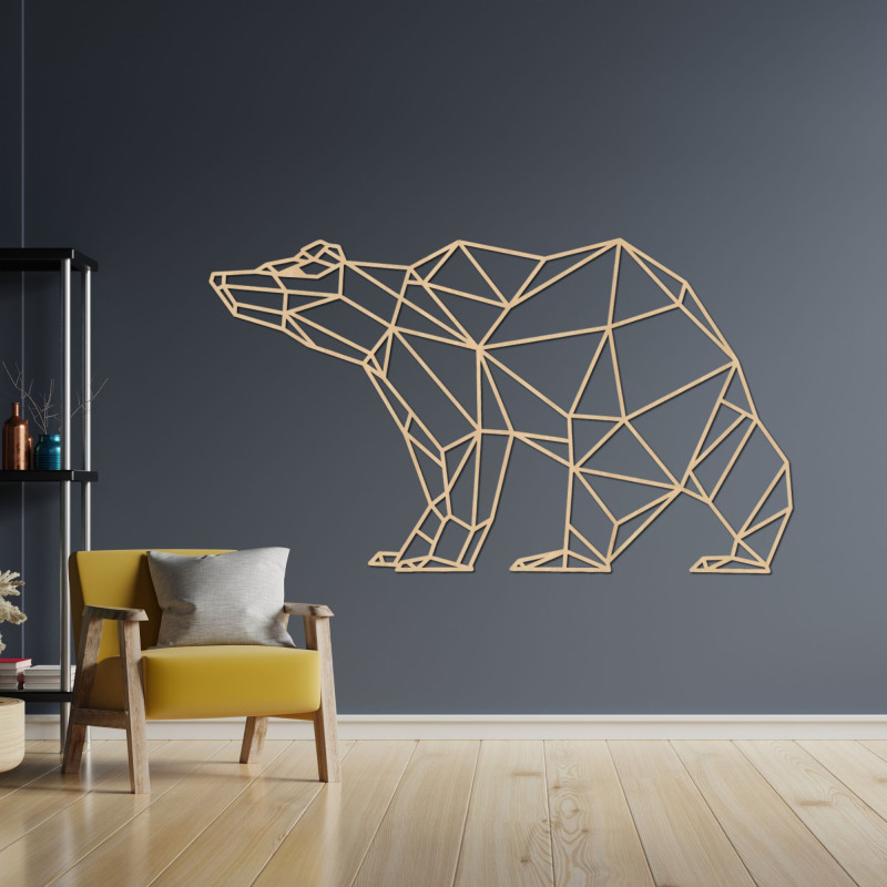 Decorațiune murală modernă din lemn cu un ursuleț geometric în decor natural de stejar.