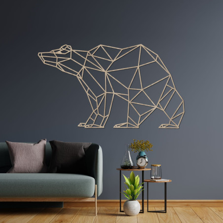 Decorațiune murală modernă din lemn cu un ursuleț geometric în decor natural de stejar.