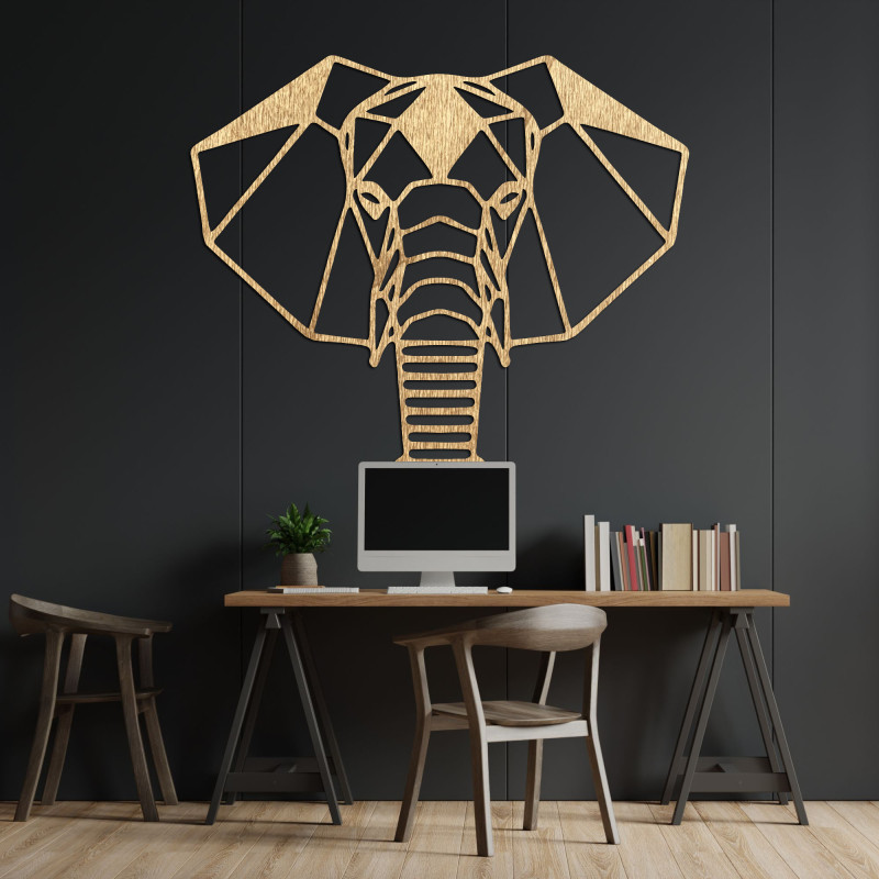 Decorațiune murală geometrică din lemn cu elefant, într-un stil minimalist modern