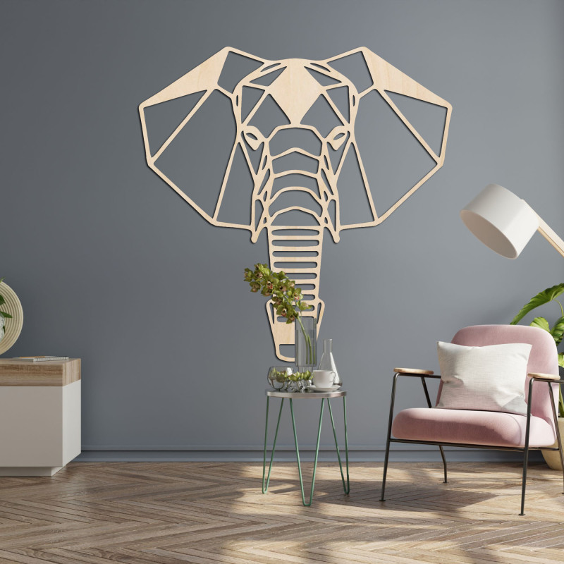 Decorațiune murală geometrică din lemn cu elefant, într-un stil minimalist modern