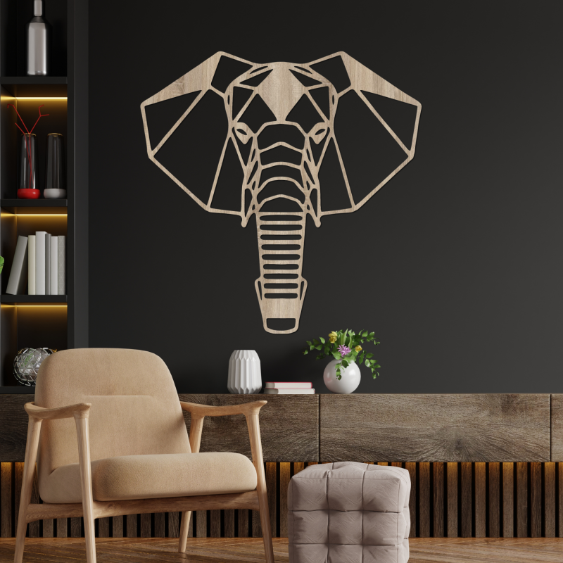 Decorațiune murală geometrică din lemn cu elefant, în stil modern