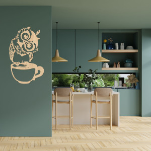 Pictură murală drăguță din lemn reprezentând o bufniță într-o cupă | Bufniță 2