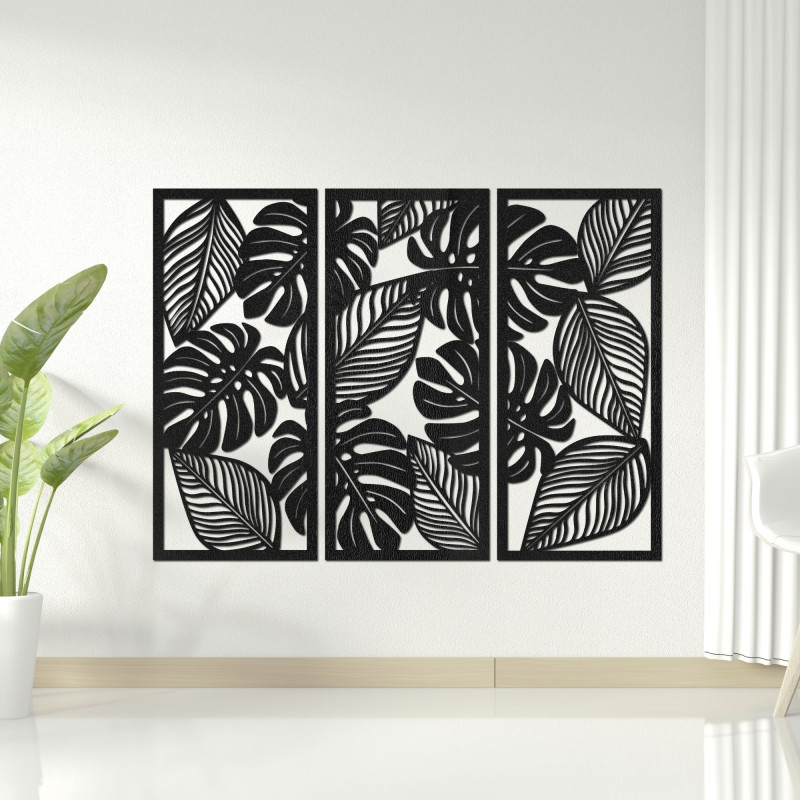 Pictură în trei părți cu frunze de Monstera