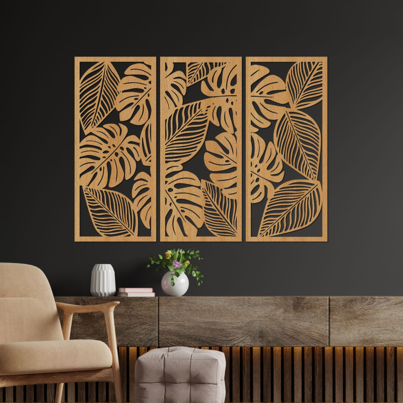 Pictură în trei părți cu frunze de Monstera