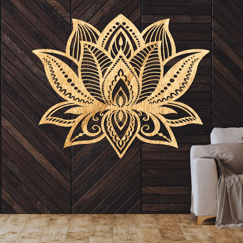 Floare de lotus sculptată în lemn - decor original de perete pentru casă sau birou.