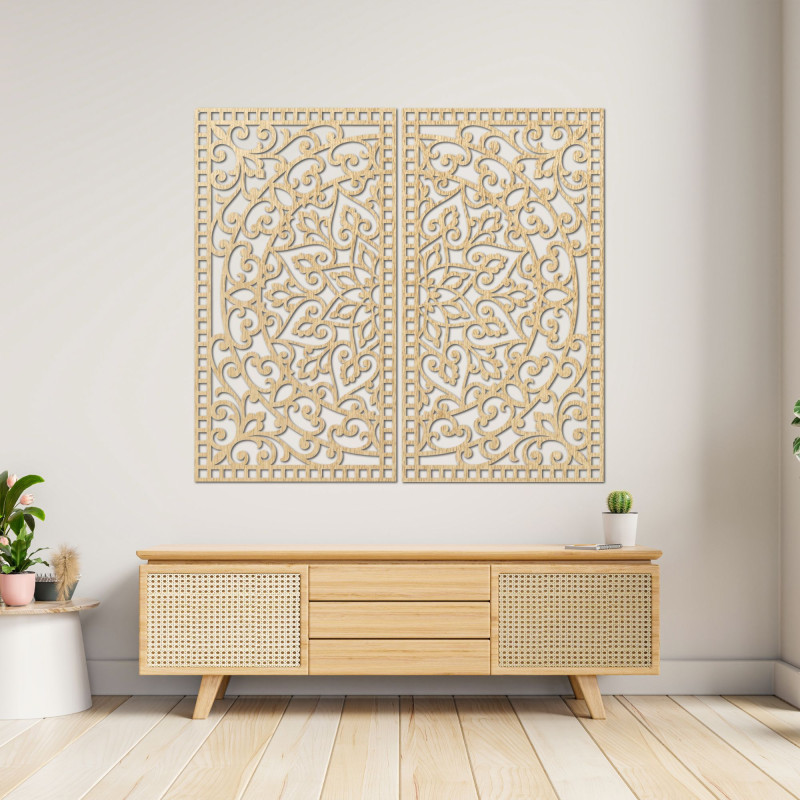 Pictură Mandala din lemn, format din 2 piese – Decorațiune murală sculptată