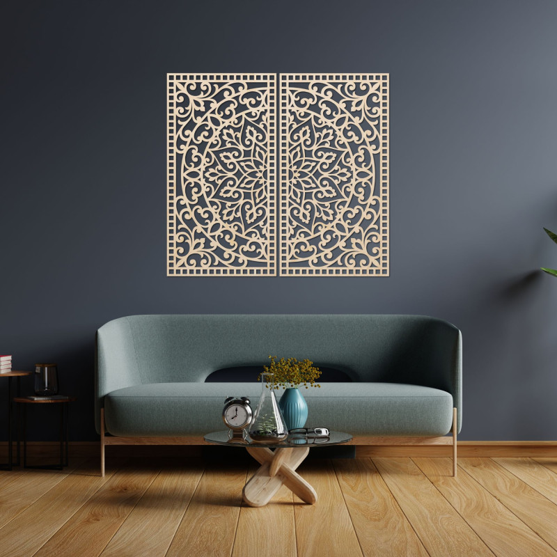 Pictură Mandala din lemn, format din 2 piese – Decorațiune murală sculptată