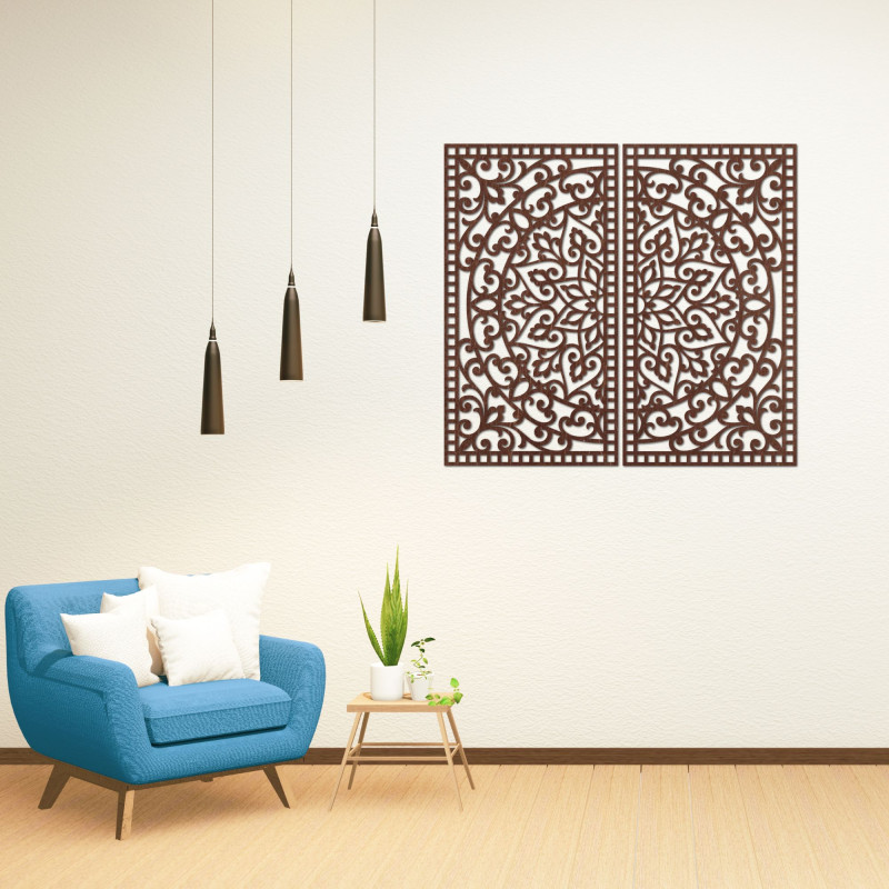 Pictură Mandala din lemn, format din 2 piese – Decorațiune murală sculptată