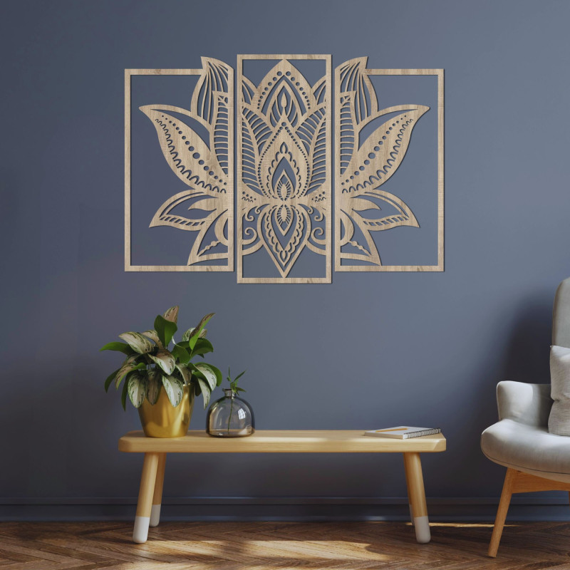 Mandala de lotus din trei piese - decorațiune murală modernă pentru camera de zi