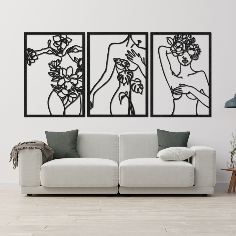Pictură în trei părți a unei femei cu flori într-un stil modern de artă liniară