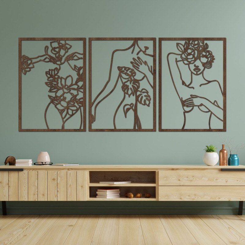 Decorațiune elegantă de perete care înfățișează siluete feminine și flori