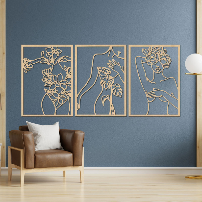 Pictură în trei părți a unei femei cu flori într-un stil modern de artă liniară
