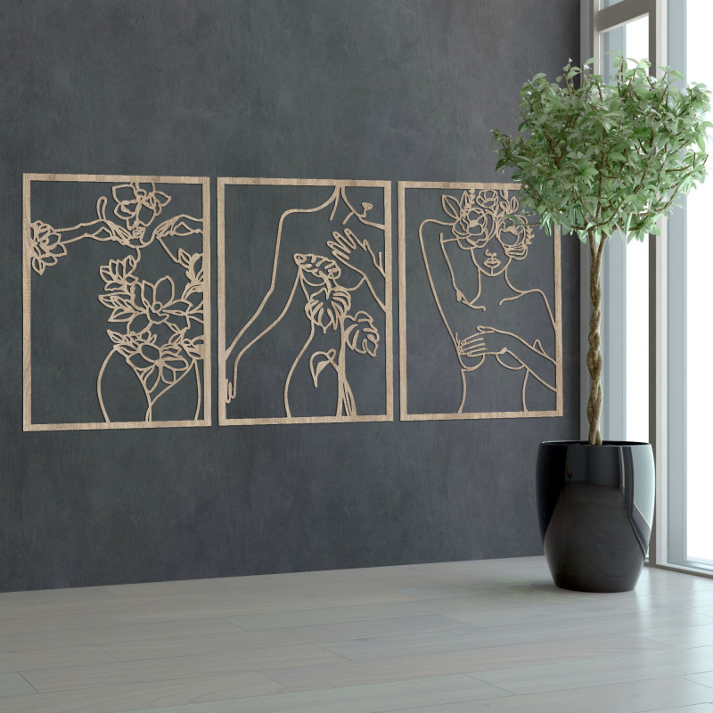 Pictură în trei părți a unei femei cu flori într-un stil modern de artă liniară