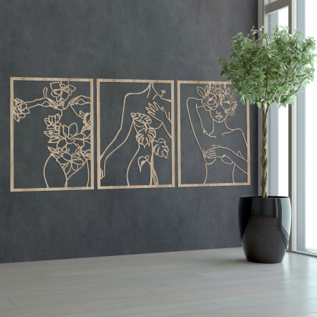 Pictură în trei părți a unei femei cu flori într-un stil modern de artă liniară