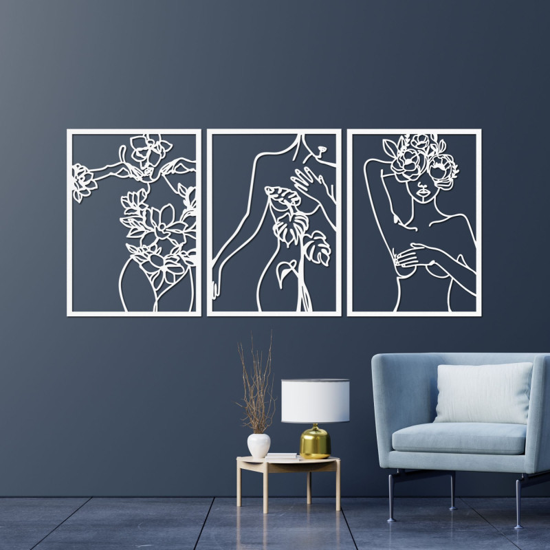 Pictură în trei părți a unei femei cu flori într-un stil modern de artă liniară