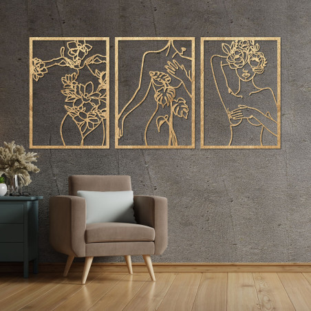 Decorațiune murală modernă cu motiv de femeie și floare în trei panouri