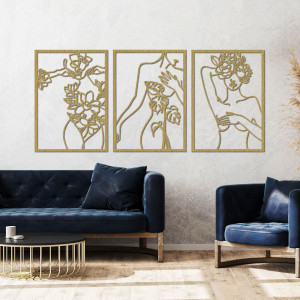 Decorațiune murală modernă cu motiv de femeie și floare în trei panouri