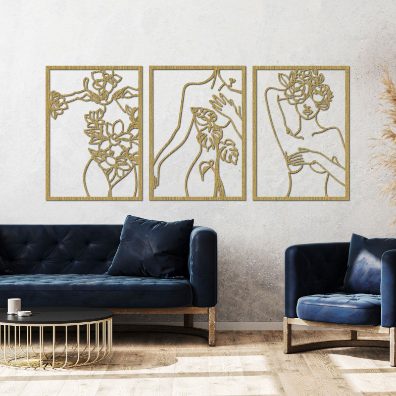 Decorațiune murală modernă cu motiv de femeie și floare în trei panouri