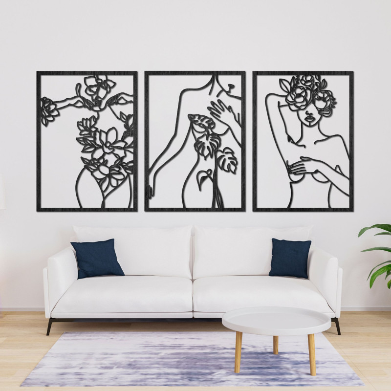 Decorațiune murală modernă cu motiv de femeie și floare în trei panouri