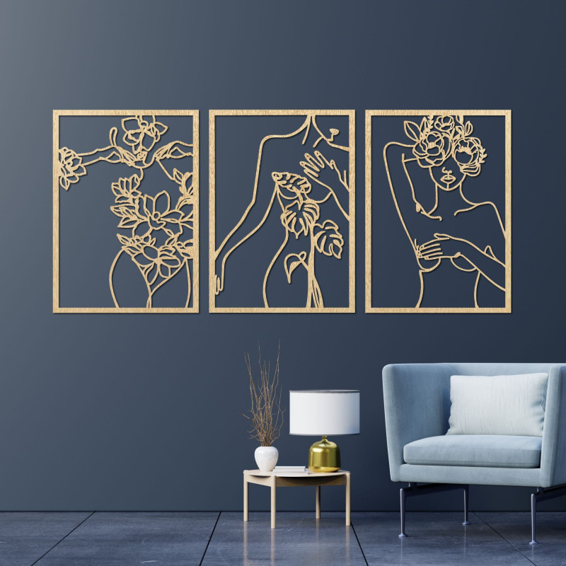 Decorațiune murală modernă cu motiv de femeie și floare în trei panouri