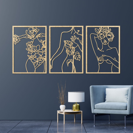 Decorațiune murală modernă cu motiv de femeie și floare în trei panouri