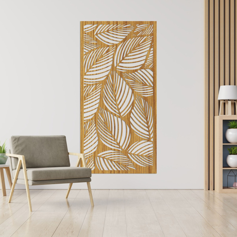 Decorațiune de perete din lemn Frunză: Pictură tropicală pe panouri din lemn | LUFUS