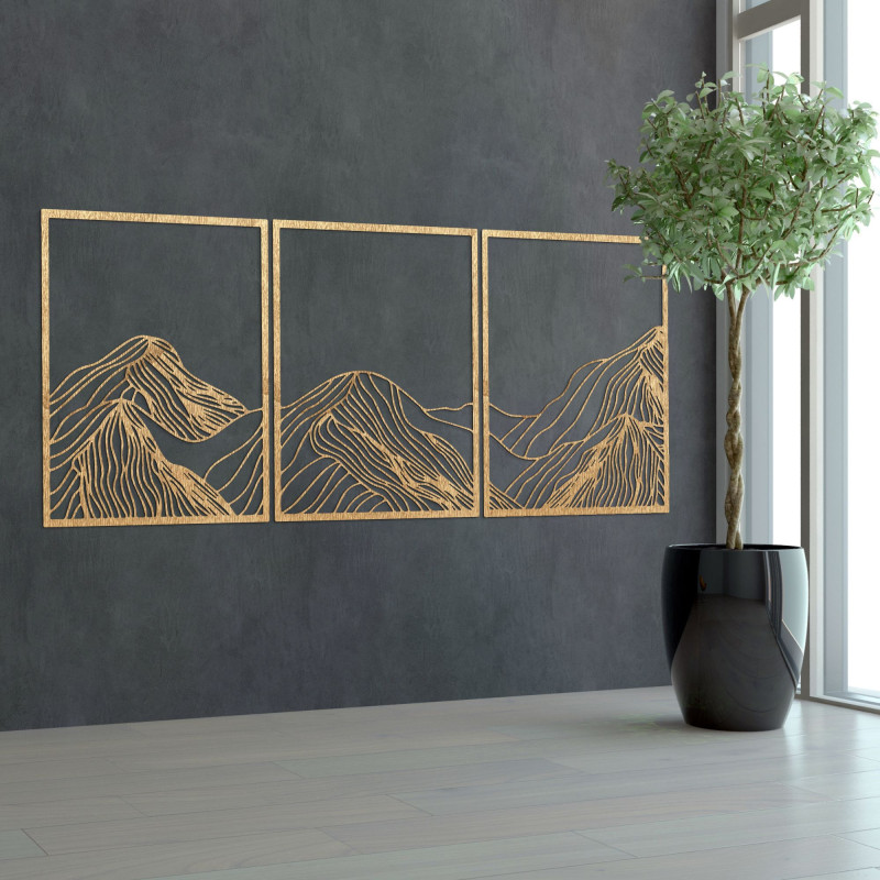 Pictură montană din trei piese - decor modern de perete din lemn pentru camera de zi