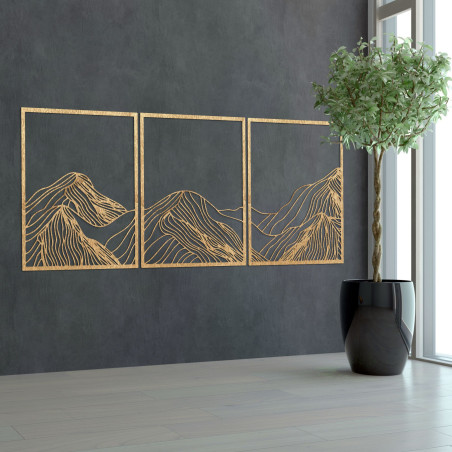 Pictură montană din trei piese - decor modern de perete din lemn pentru camera de zi