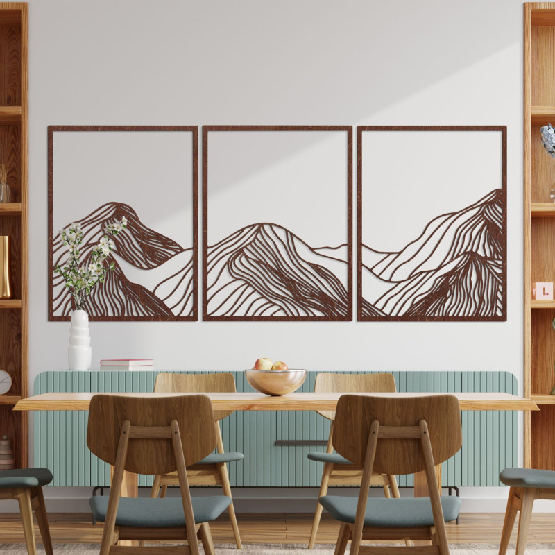 Pictură montană din trei piese - decor modern de perete din lemn pentru camera de zi