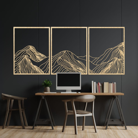 Pictură montană din trei piese - decor modern de perete din lemn pentru camera de zi