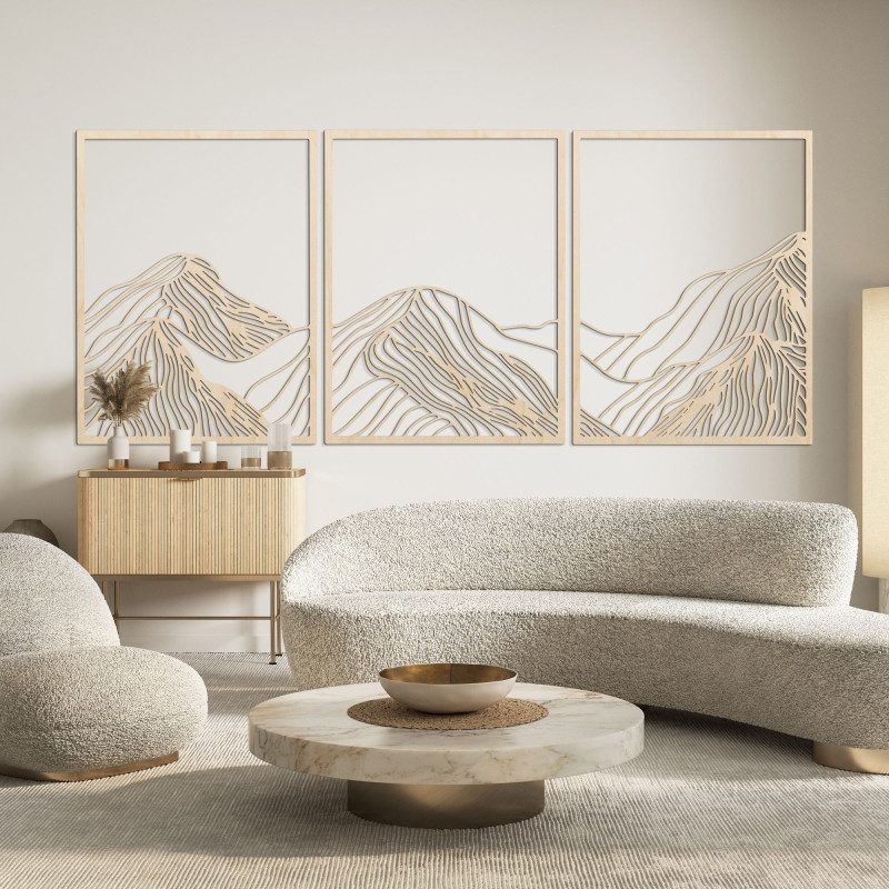 Pictură montană din trei piese - decor modern de perete din lemn pentru camera de zi