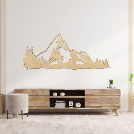 Panoramă montană din lemn pe perete cu o pădure ca decor natural modern