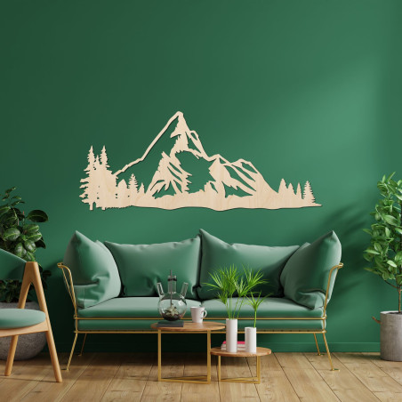 Panoramă montană din lemn pe perete cu o pădure ca decor natural modern