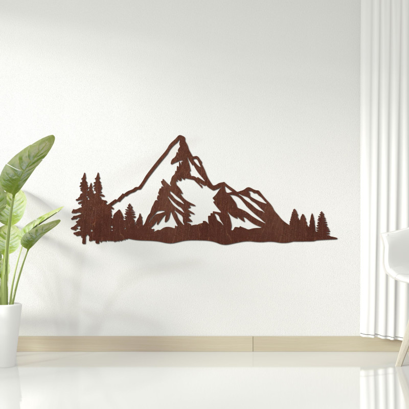 Panoramă montană din lemn pe perete cu o pădure ca decor natural modern